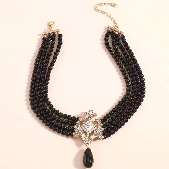 Multilayer Pearl Cluster Bib Elegant Choker Necklace Crystal Black Pearls - Picture 6 of 7